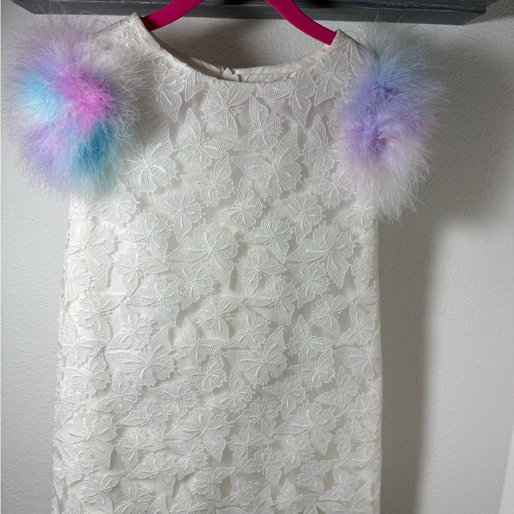 Charabia Butterfly Lace Dress with Feather Fur Accents on Sleeves